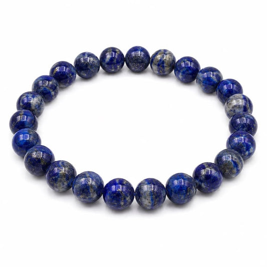 Natural Lapis Lazuli Bracelet made with genuine deep blue gemstone beads featuring golden pyrite flecks, handcrafted stretch bracelet for men and women, ideal for everyday wear, meditation, chakra balancing, and spiritual wellness.